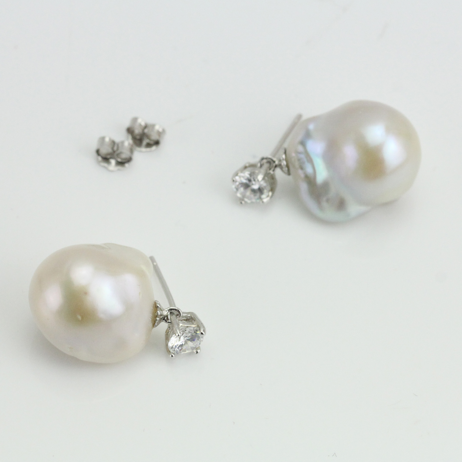 White Large Baroque Pearl Earrings Sterling Silver CZ