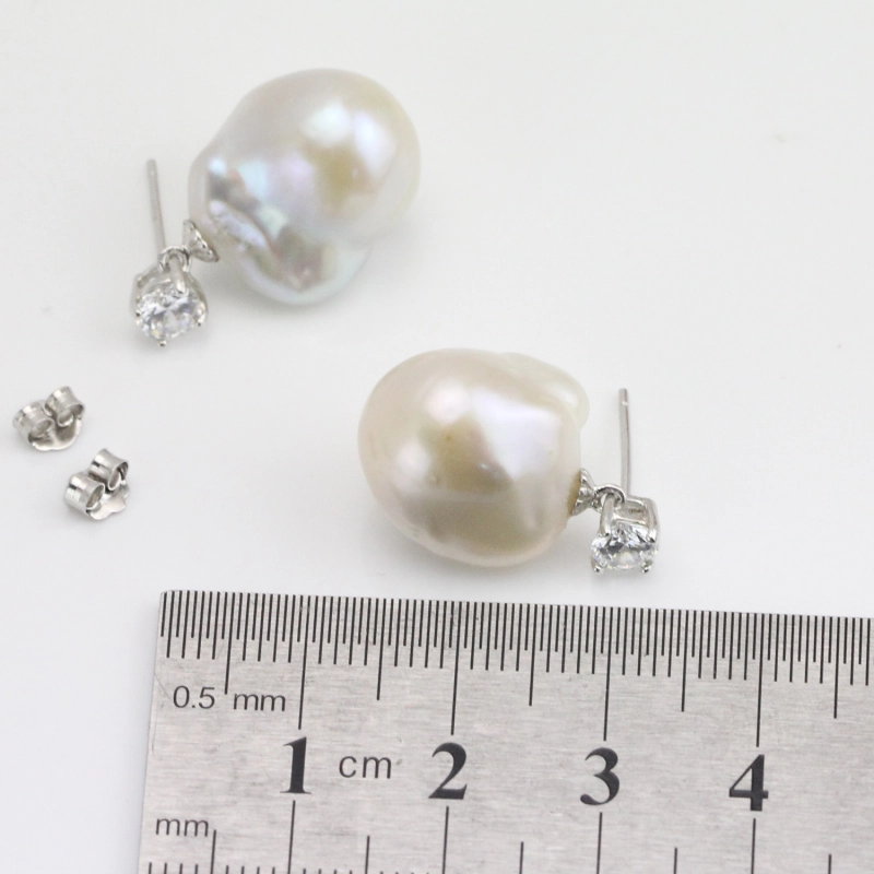 White Large Baroque Pearl Earrings Sterling Silver CZ
