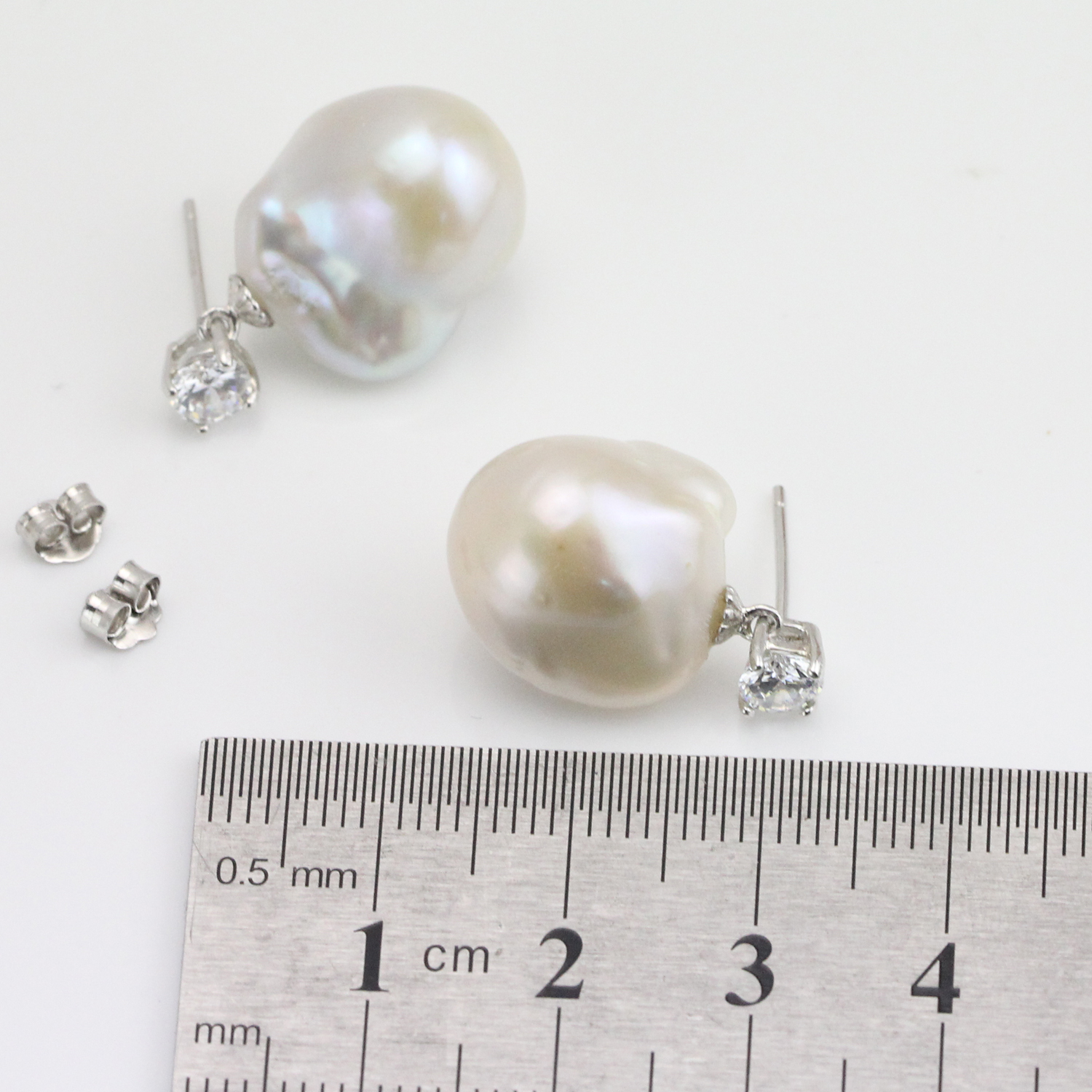 White Large Baroque Pearl Earrings Sterling Silver CZ