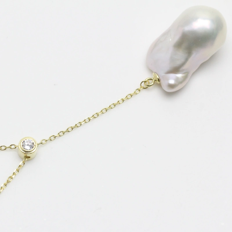 White Large Baroque Pearl Pendant Necklace Sterling Silver with CZ