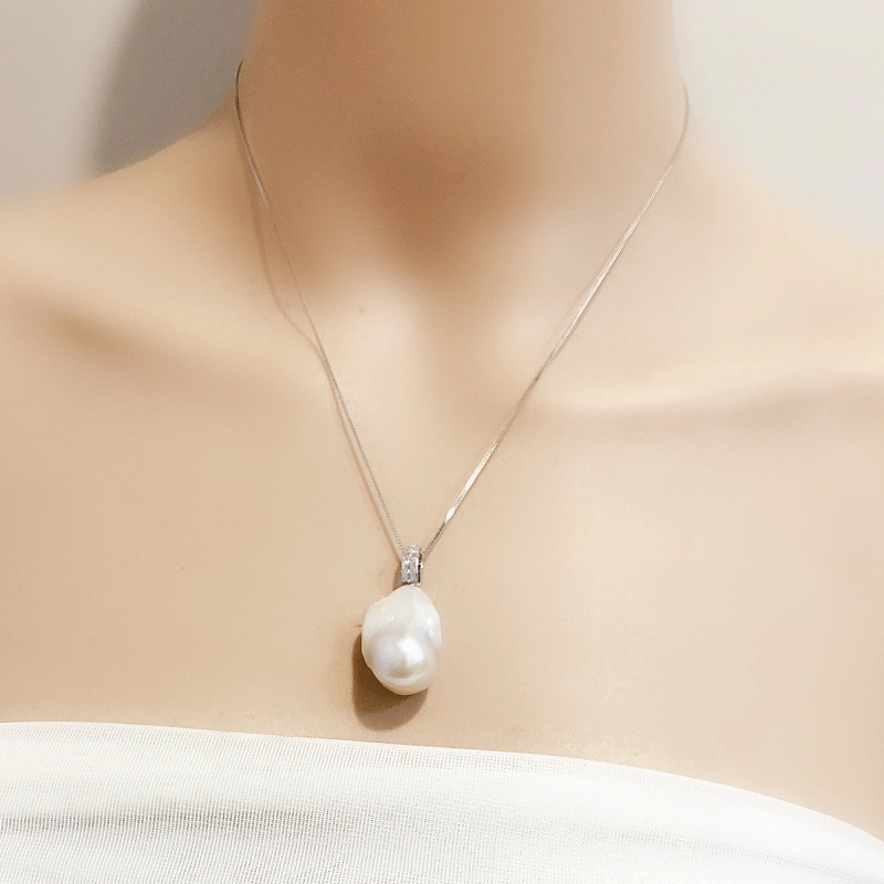 14-16mm White Large Baroque Pearl Pendant Necklace Sterling Silver with CZ Stone