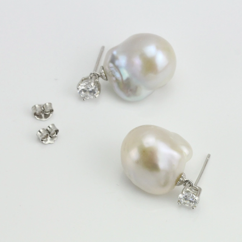 White Large Baroque Pearl Earrings Sterling Silver CZ