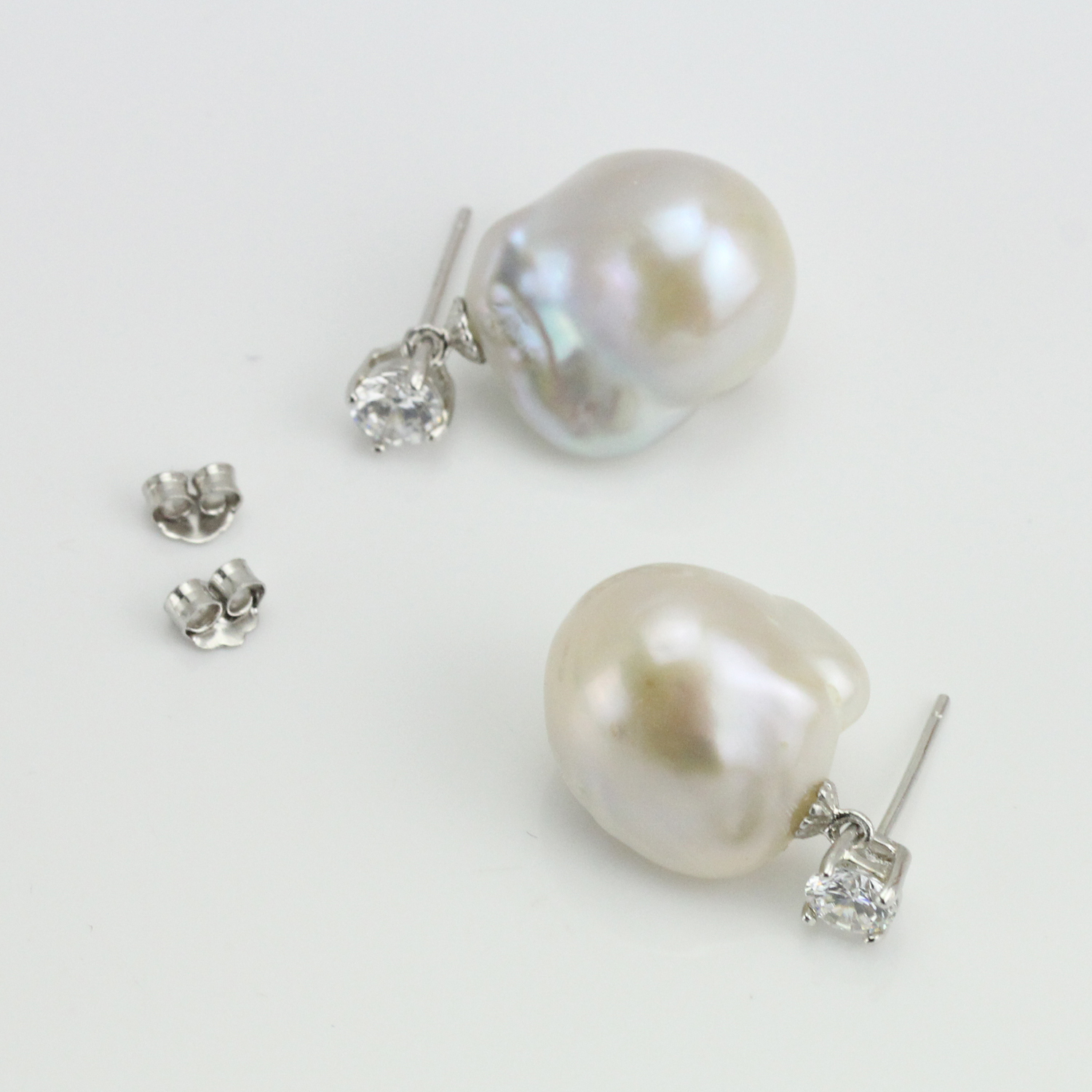 White Large Baroque Pearl Earrings Sterling Silver CZ