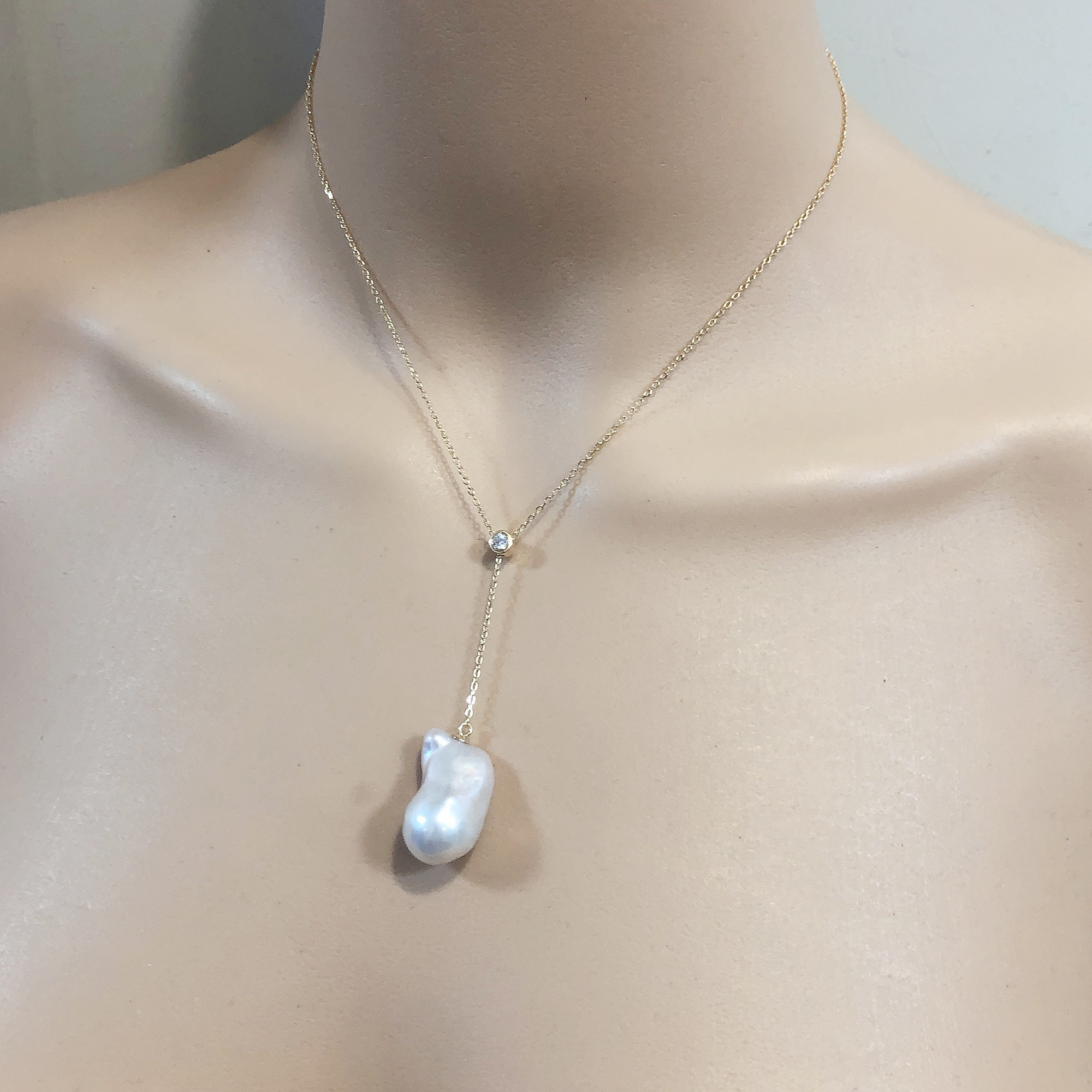 White Large Baroque Pearl Pendant Necklace Sterling Silver with CZ
