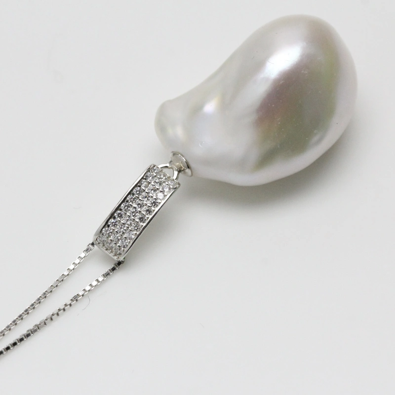 14-16mm White Large Baroque Pearl Pendant Necklace Sterling Silver CZ