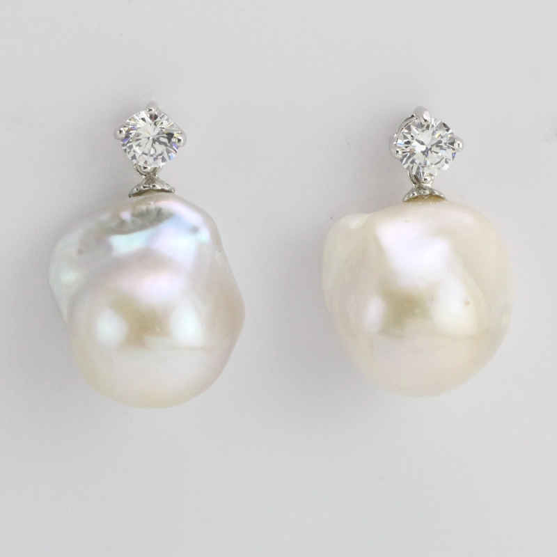 White Large Baroque Pearl Earrings Sterling Silver CZ