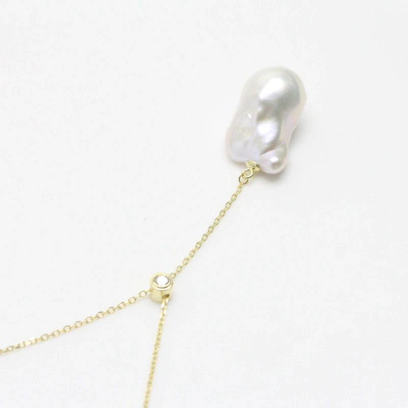 White Large Baroque Pearl Pendant Necklace Sterling Silver with CZ