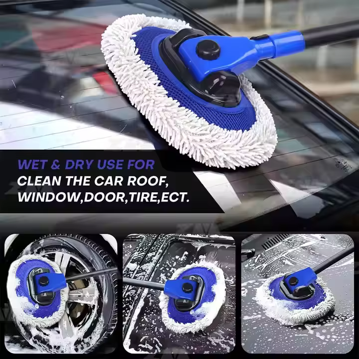 Factory Supply Telescopic Microfiber Car Washing Mop Custom LOGO Adjustable Rotating Handle Car Cleaning Brushes