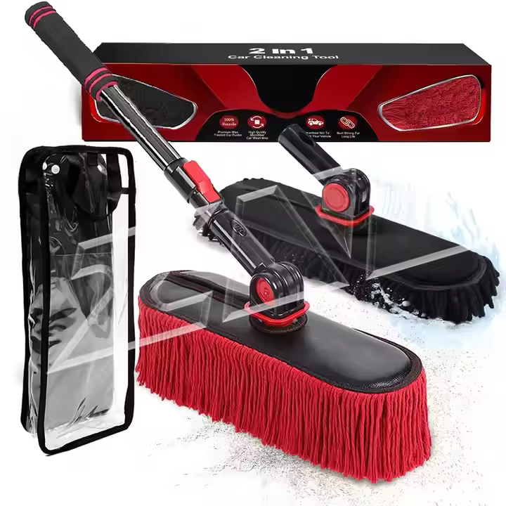 2In1 Brush And Duster For Car Exterior,Chenille Car Wash Brush Mop*1PC,Wax Cotton Car Duster Mop*1PC Remove Dust,Freely Switch A Retractable Black Steel Pole,Car Cleaning Supplies For Truck Rv Boat