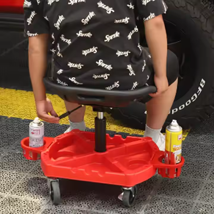 Black Powder Coated Metal Gas Lift Chair for car detailing Mobile Chair with Washing Tool Kit