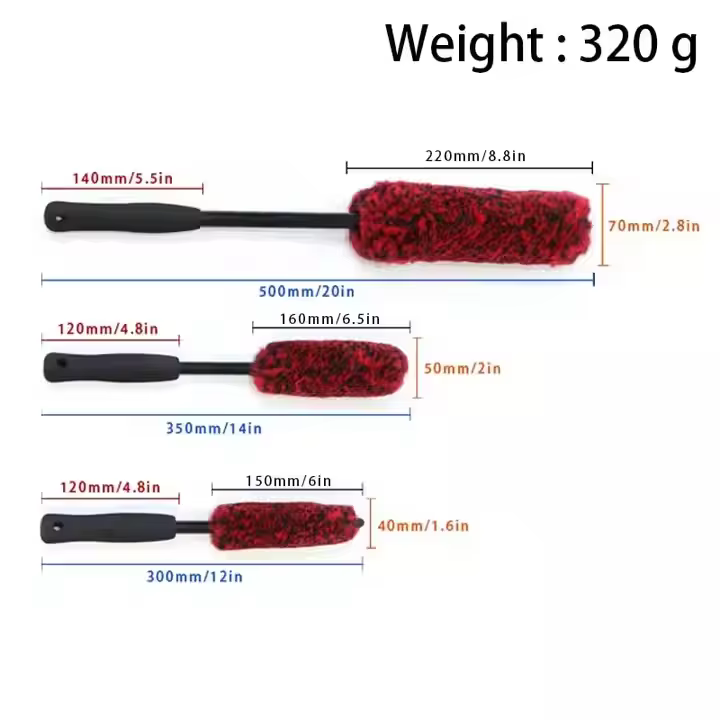 3-Piece Set Red Wool Hair Car Detailer Brush with EVA Handle for Cleaning Car Hubs and Washed Vehicles