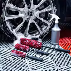 3-Piece Set Red Wool Hair Car Detailer Brush with EVA Handle for Cleaning Car Hubs and Washed Vehicles