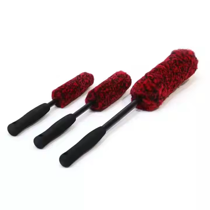 3-Piece Set Red Wool Hair Car Detailer Brush with EVA Handle for Cleaning Car Hubs and Washed Vehicles