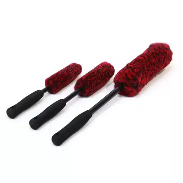 3-Piece Set Red Wool Hair Car Detailer Brush with EVA Handle for Cleaning Car Hubs and Washed Vehicles