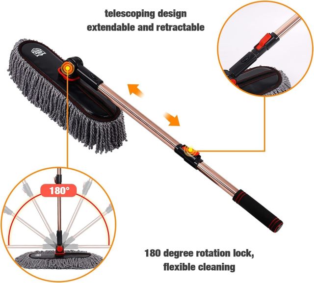 Microfiber Duster, Car Duster Kit,Interior & Exterior Cleaning Tools,Dashboard Detailing Brush,Scratch Lint Free,Pollen Removing,Extendable Handle,Truck,SUV,RV,Set of 2