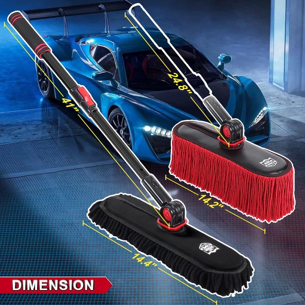 2In1 Brush And Duster For Car Exterior,Chenille Car Wash Brush Mop*1PC,Wax Cotton Car Duster Mop*1PC Remove Dust,Freely Switch A Retractable Black Steel Pole,Car Cleaning Supplies For Truck Rv Boat