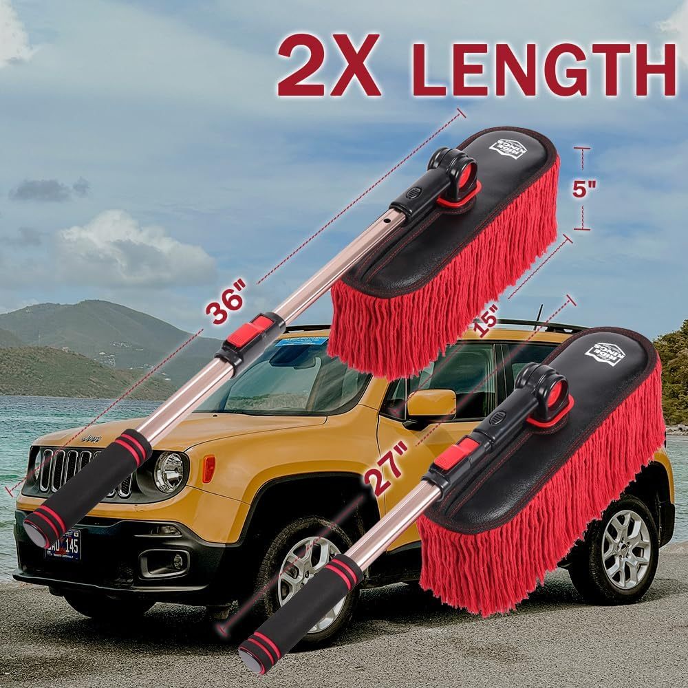 Roll over image to zoom in Car Duster Exterior Scratch Free,Car Dust Brush with Extendable Telescoping Handle to Remove Dust Pollen,Duster for Truck,and Motorcycle,Large Car Mop Duster Head with Wax Cotton Hair