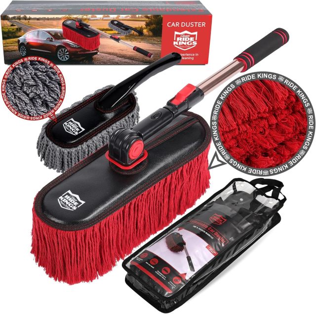 Roll over image to zoom in Car Duster Exterior Scratch Free,Car Dust Brush with Extendable Telescoping Handle to Remove Dust Pollen,Duster for Truck,and Motorcycle,Large Car Mop Duster Head with Wax Cotton Hair