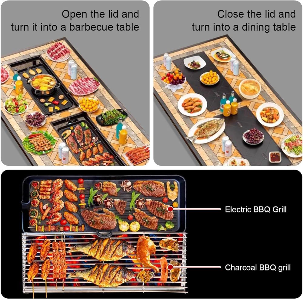 godohome Patio Furniture Set 6-Person Outdoor BBQ Dining Set with Convertible Dual Grill Table: Cast Aluminum and Porcelain-Tile Top - Perfect for Family Gatherings, Versatile Grilling Options