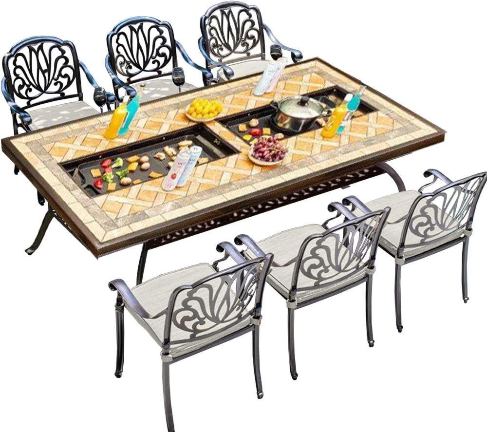godohome Patio Furniture Set 6-Person Outdoor BBQ Dining Set with Convertible Dual Grill Table: Cast Aluminum and Porcelain-Tile Top - Perfect for Family Gatherings, Versatile Grilling Options