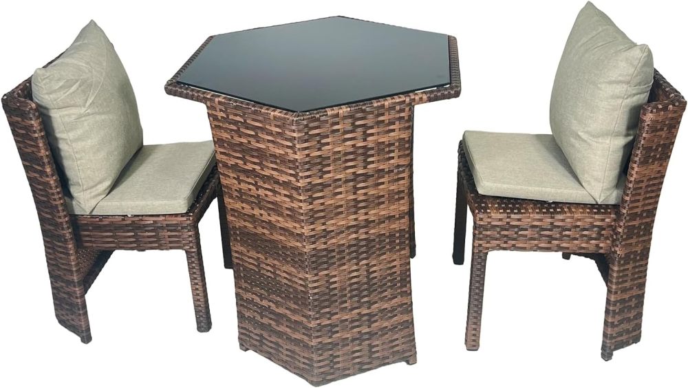 godohome 3 Piece Nordic Minimalist Outdoor Rattan Wicker Chair and Hexagonal Table Set – Weatherproof and Comfort Design Perfect for Patio and Courtyard