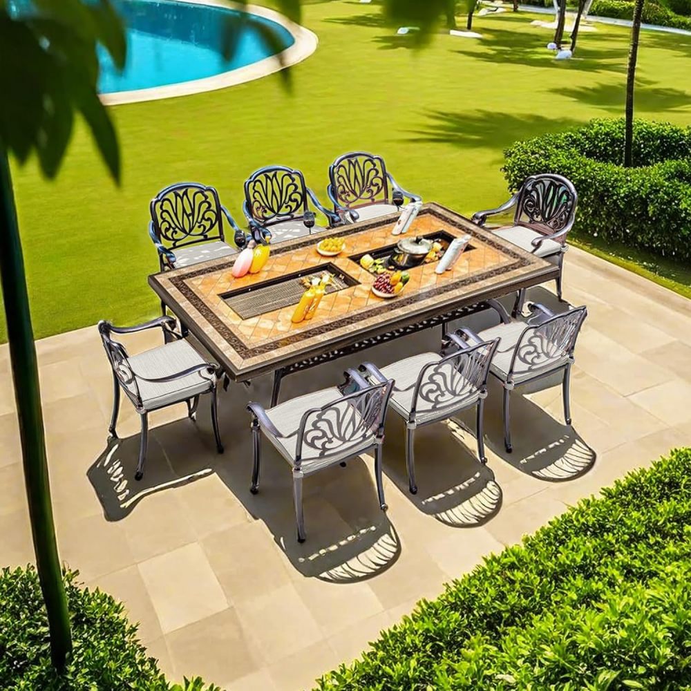 godohome Patio Furniture Set 6-Person Outdoor BBQ Dining Set with Convertible Dual Grill Table: Cast Aluminum and Porcelain-Tile Top - Perfect for Family Gatherings, Versatile Grilling Options