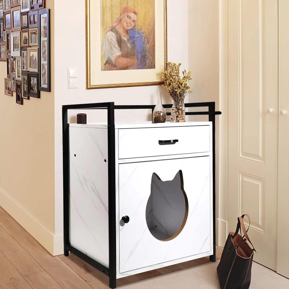 Cat House & Side Table -Home Decorative Cat Home Nightstand - Indoor Pet Crate - Litter Box Enclosure - Funiture Hidden Pet Box - Cats Furniture Cabinet - Kitty Washroom