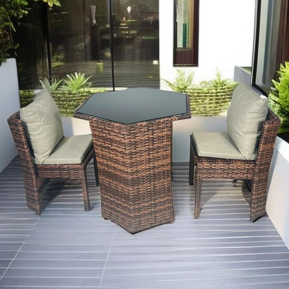 godohome 3 Piece Nordic Minimalist Outdoor Rattan Wicker Chair and Hexagonal Table Set – Weatherproof and Comfort Design Perfect for Patio and Courtyard