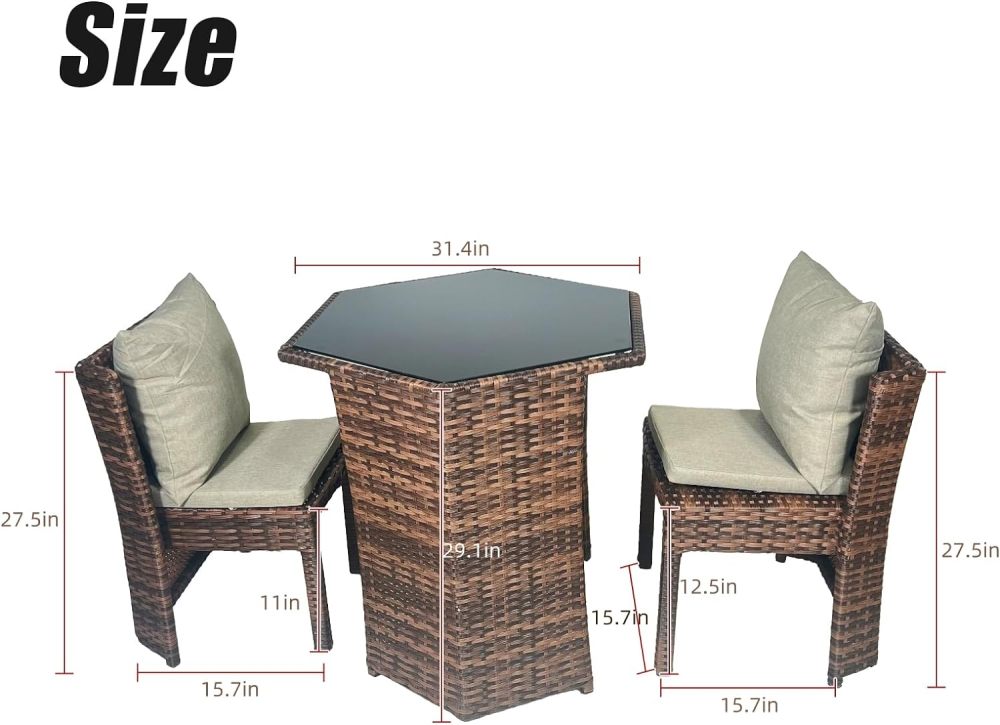 godohome 3 Piece Nordic Minimalist Outdoor Rattan Wicker Chair and Hexagonal Table Set – Weatherproof and Comfort Design Perfect for Patio and Courtyard