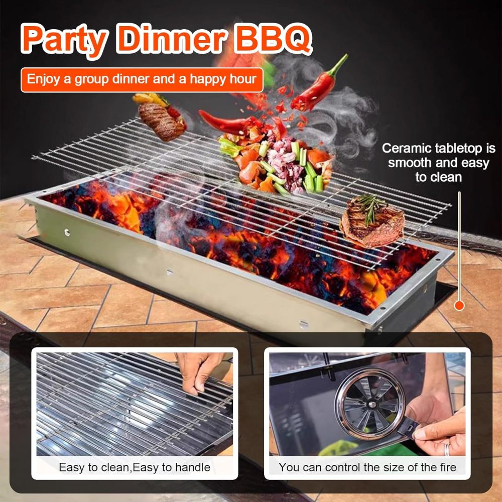 godohome Patio Furniture Set 6-Person Outdoor BBQ Dining Set with Convertible Dual Grill Table: Cast Aluminum and Porcelain-Tile Top - Perfect for Family Gatherings, Versatile Grilling Options