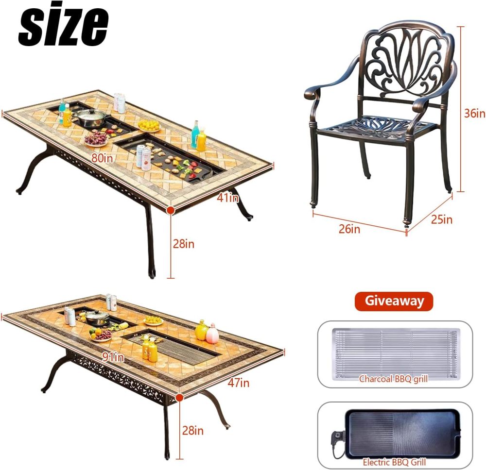 godohome Patio Furniture Set 6-Person Outdoor BBQ Dining Set with Convertible Dual Grill Table: Cast Aluminum and Porcelain-Tile Top - Perfect for Family Gatherings, Versatile Grilling Options