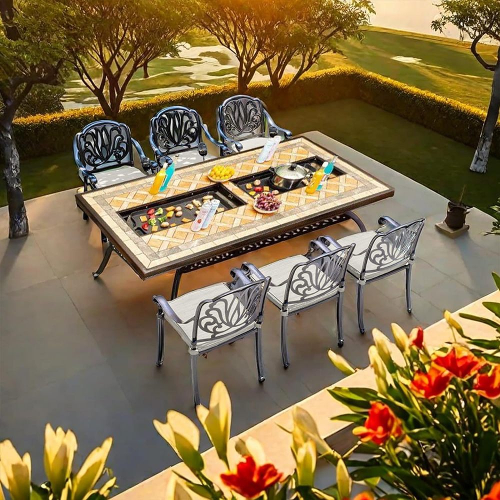 godohome Patio Furniture Set 6-Person Outdoor BBQ Dining Set with Convertible Dual Grill Table: Cast Aluminum and Porcelain-Tile Top - Perfect for Family Gatherings, Versatile Grilling Options