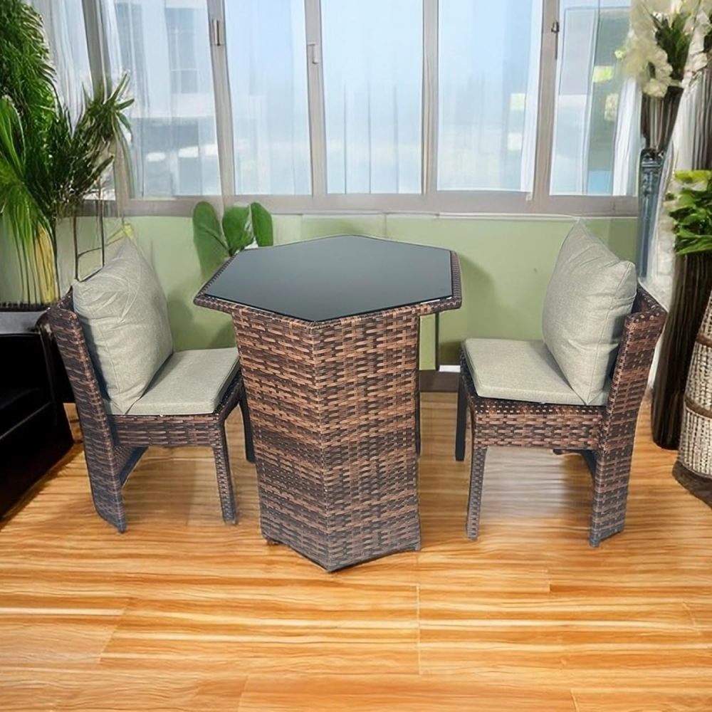 godohome 3 Piece Nordic Minimalist Outdoor Rattan Wicker Chair and Hexagonal Table Set – Weatherproof and Comfort Design Perfect for Patio and Courtyard