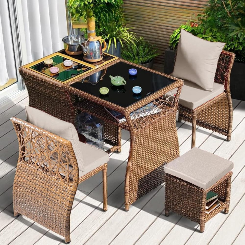 godohome 4pcs Elegant Patio Furniture Set - PE Rattan Wicker Outdoor Sofa Set with Washable Cushion and Tempered Glass Tabletop - Versatile Conversation Set for Garden, Poolside, and Balcony