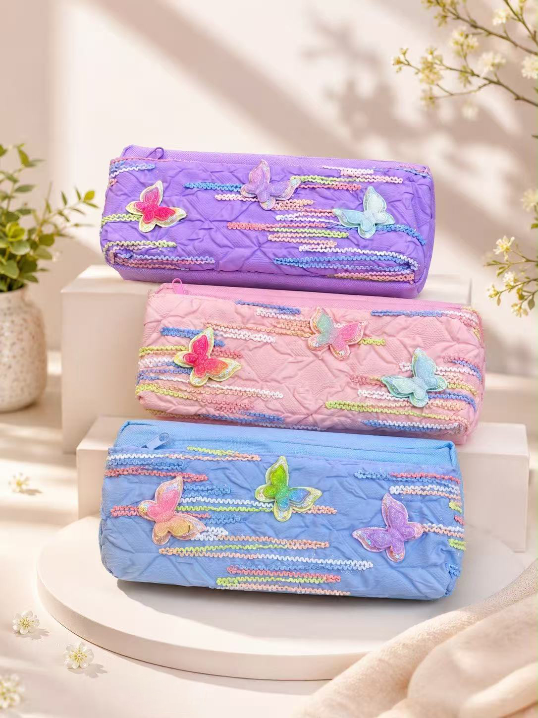 Cute 3D Butterfly Quilted Fabric Pencil Case for Girls, Colorful Embroidered Stationery Pouch