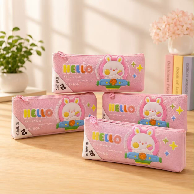 Cute 3D Cartoon Rabbit Zipper Pencil Case, Pink Oxford Cloth Kids Stationery Pouch