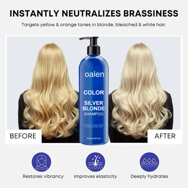 Oalen Private Label Silver Blonde Blue Shampoo Neutralizes Brassy Yellow Tones for Blonde Silver Grey Highlighted Hair,oalen cosmetics