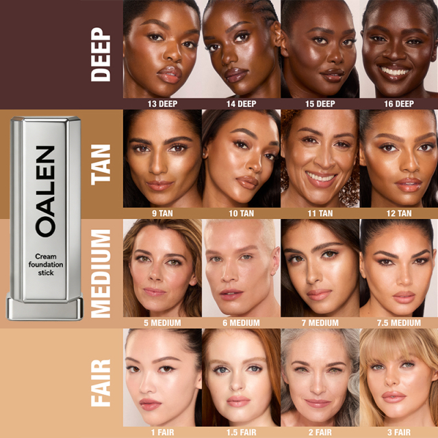 Oalen private label cream foundation stick buildable coverage sun protection hypoallergenic long lasting cruelty free makeup for dark skin tones,MY SHOP