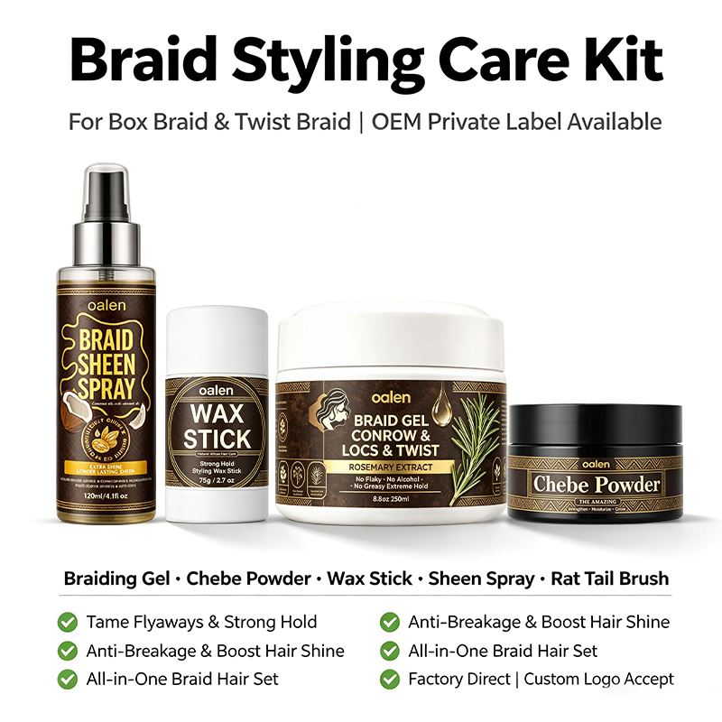 Oalen Private Label 4 in 1 Braid Styling Kit Strong Hold Edge Control Nourishing Chebe Hair Powder Shine Spray for Braids,oalen cosmetics