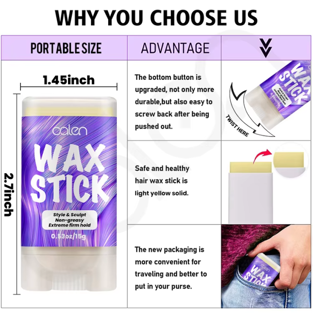 Private Label Strong Hold No Flaking & Residue Hair Wax Stick for Curly Frizzy Hair Edge Control Wax Stick for Flyaways Hair,oalen cosmetics