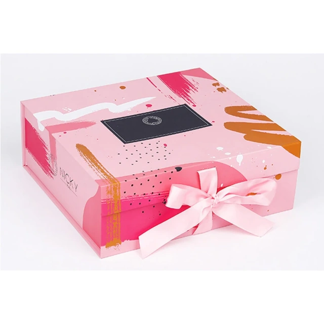 Luxury Colorful Paper Folding Gift Box Candy Folded Boxes Pink Color Folding Box With Ribbon