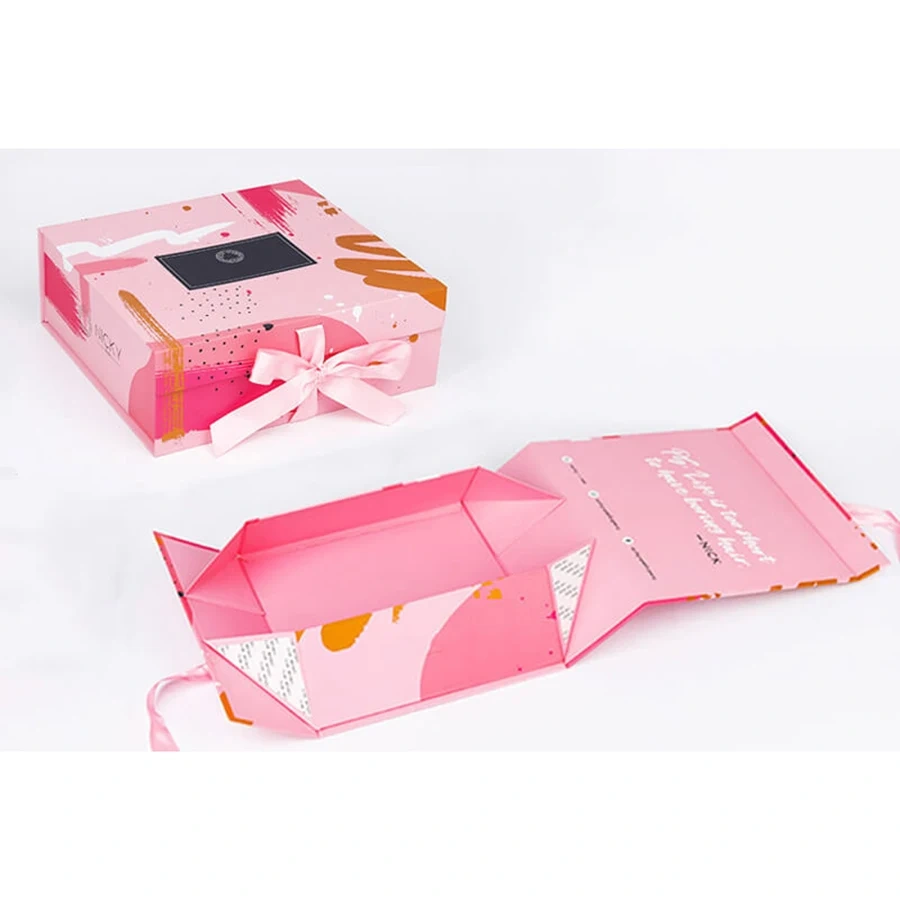 Luxury Colorful Paper Folding Gift Box Candy Folded Boxes Pink Color Folding Box With Ribbon