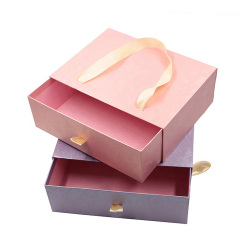 Custom Size Cardboard Paper Hard Rigid Box Packaging Luxury Drawer Box With Ribbon Handle