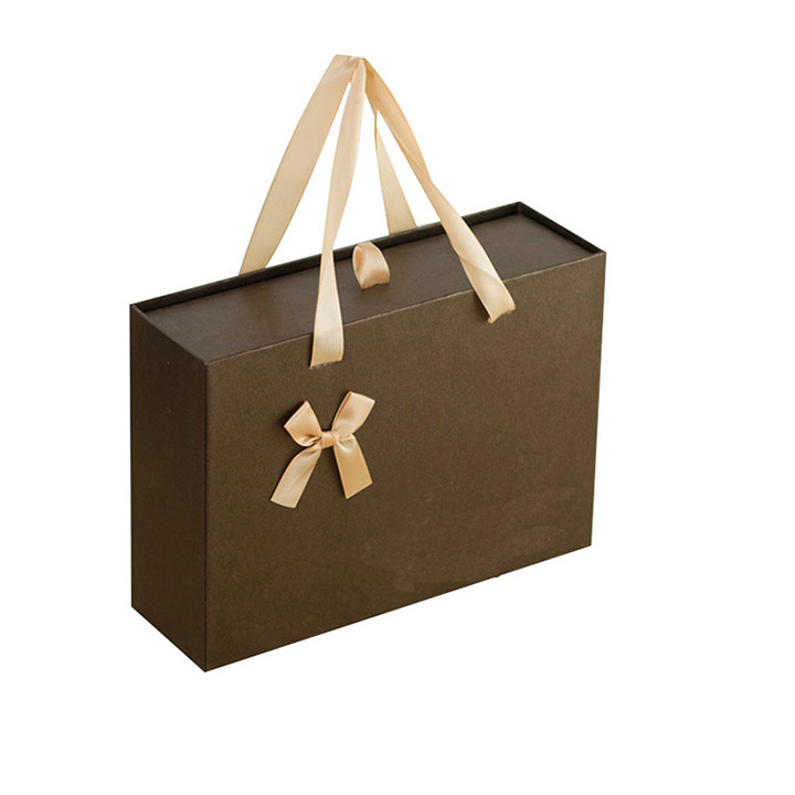 Custom Size Cardboard Paper Hard Rigid Box Packaging Luxury Drawer Box With Ribbon Handle