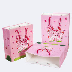 Customized Print Castle Design Ribbon Handle Paper Shopping Bag Pink Color Gift Paper Bags With Logo