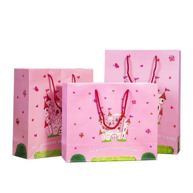 Customized Print Castle Design Ribbon Handle Paper Shopping Bag Pink Color Gift Paper Bags With Logo