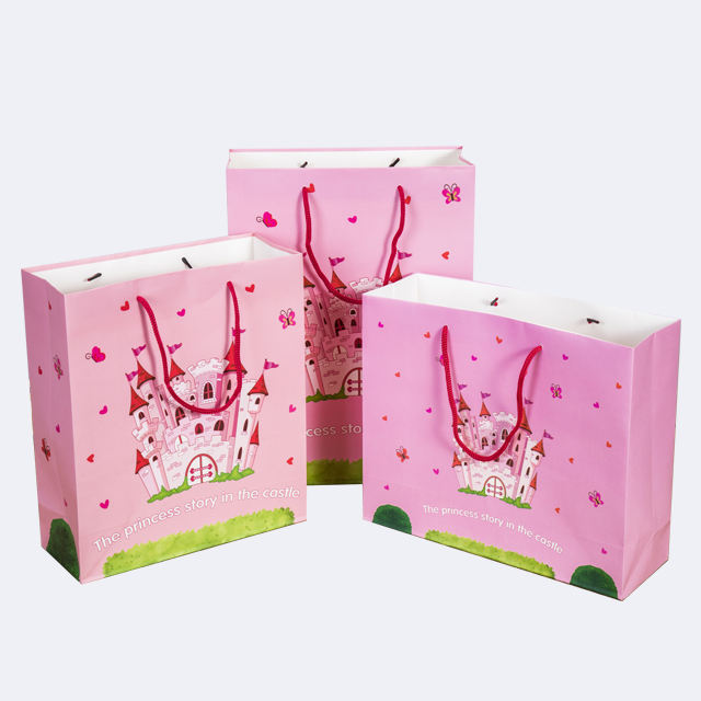 Customized Print Castle Design Ribbon Handle Paper Shopping Bag Pink Color Gift Paper Bags With Logo