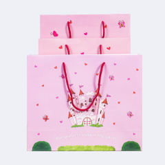 Customized Print Castle Design Ribbon Handle Paper Shopping Bag Pink Color Gift Paper Bags With Logo