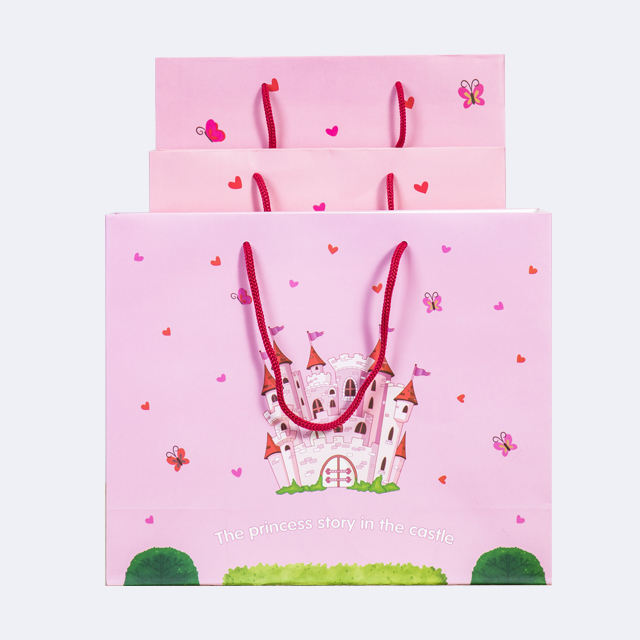 Customized Print Castle Design Ribbon Handle Paper Shopping Bag Pink Color Gift Paper Bags With Logo