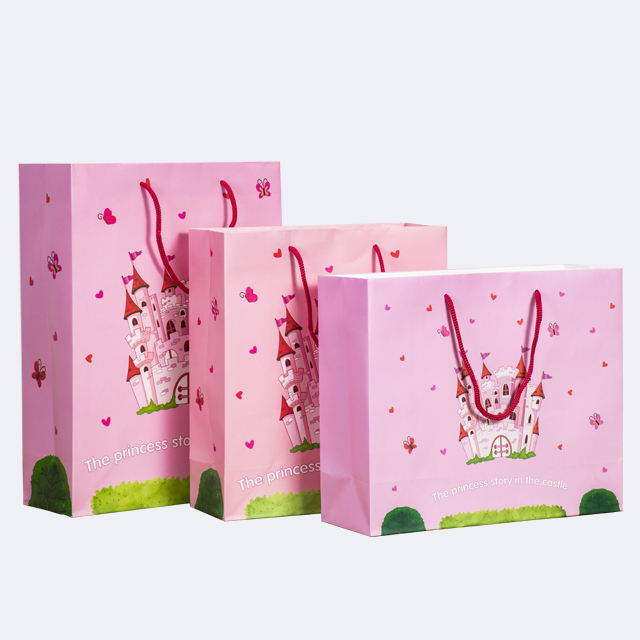 Customized Print Castle Design Ribbon Handle Paper Shopping Bag Pink Color Gift Paper Bags With Logo
